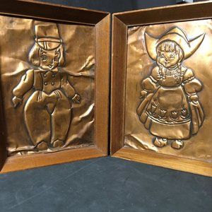 Vintage Rare 3D Hammered Copper Pair Dutch Boy/Girl Framed Pictures